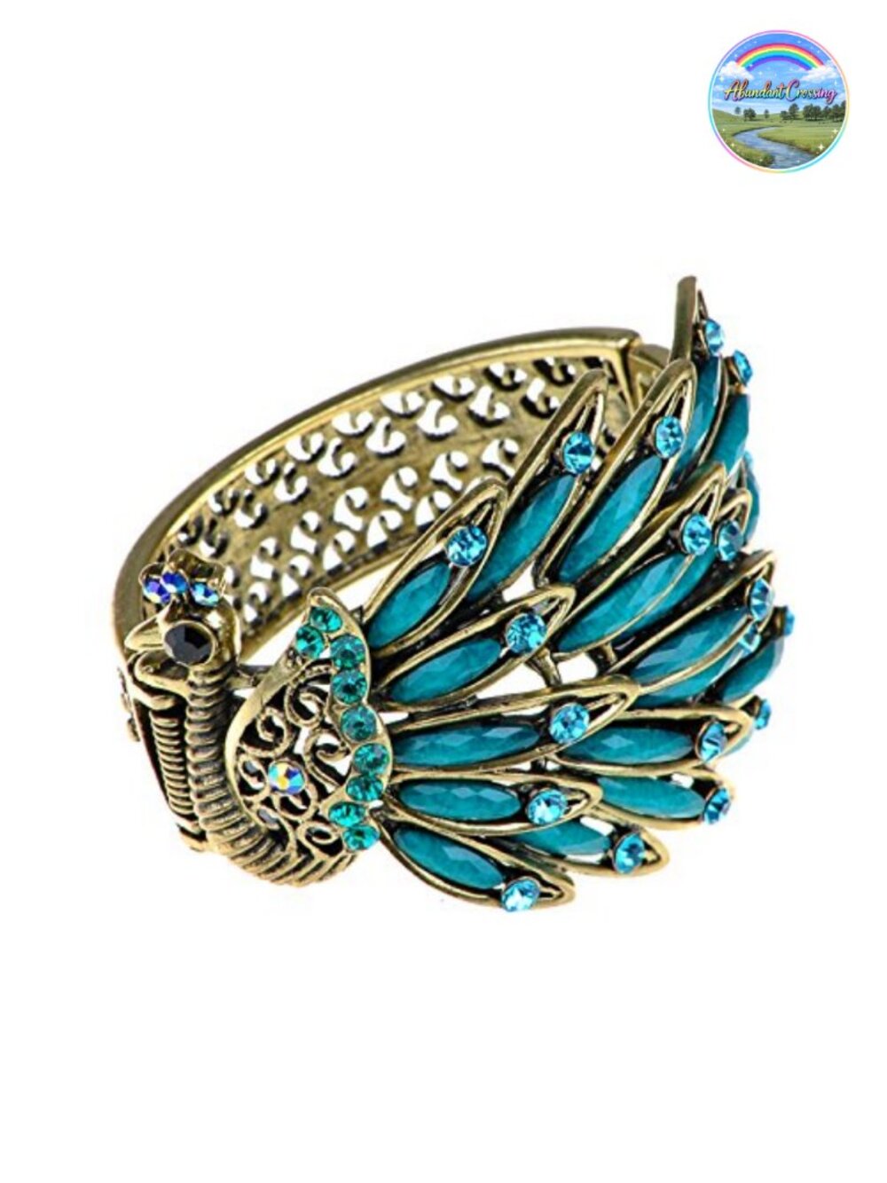 Antique Gold Tone Peacock Cuff Bangle Bracelet with Rhinestones